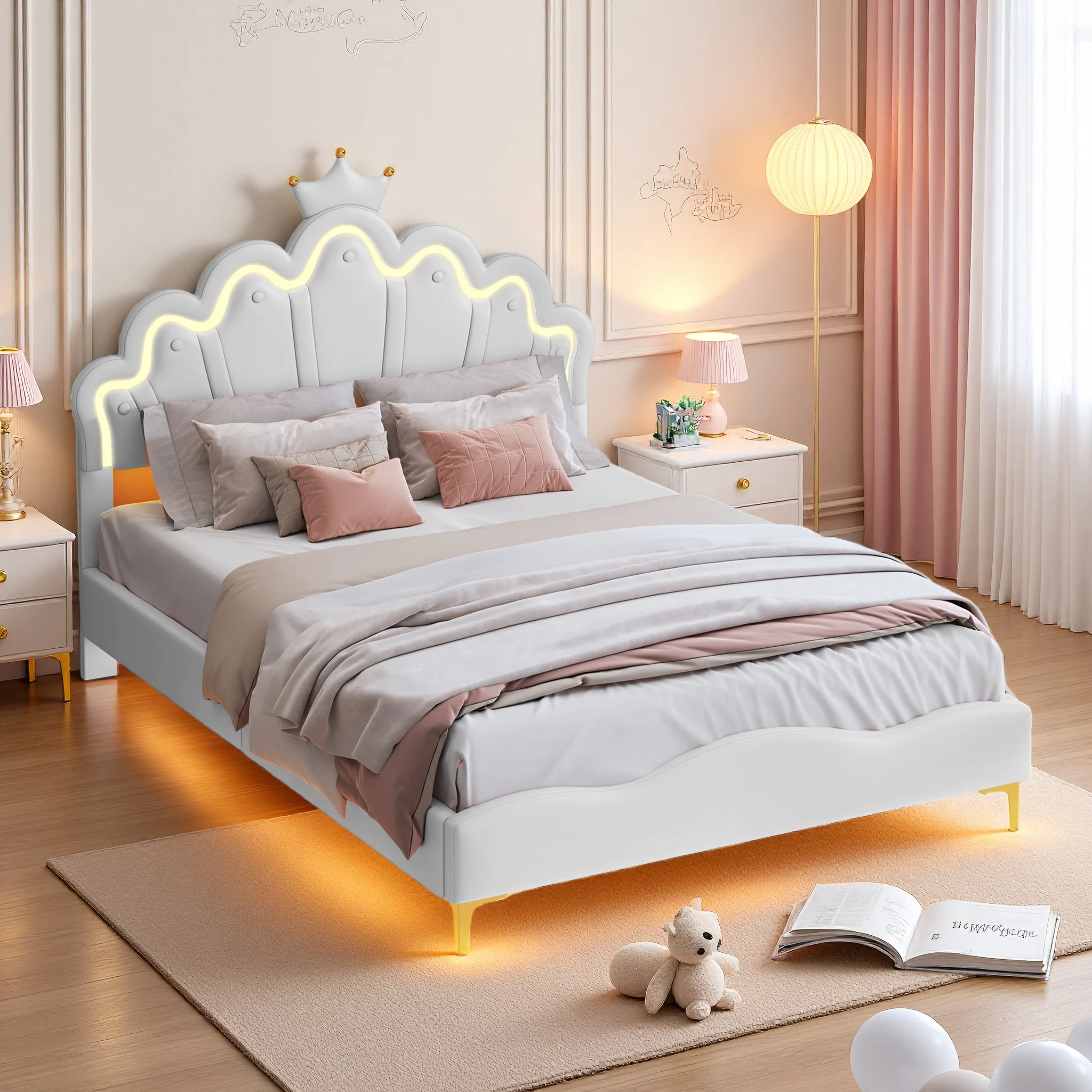 Anajqaqia, 140×200 cm Princess-Style Upholstered Children'S Bed, Teen Bed, Girls' Single Or Double Bed, Fun-Themed Bed For Home Bedrooms, Nap Bed, Pu Fabric, White, Mattress Not Included
