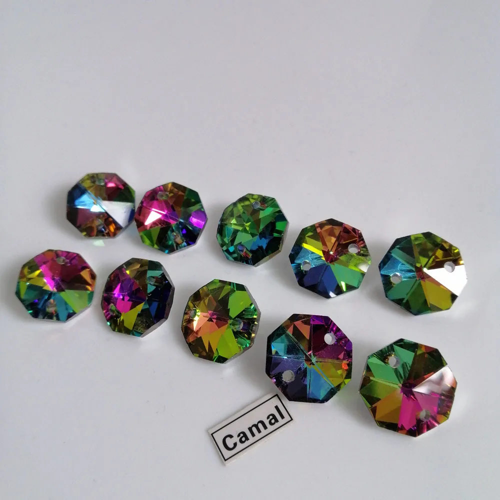 Camal 20pcs 14mm 1/2 Holes Rainbow Glass Crystal Octagonal Loose Bead Prism Pendant Chandelier Suncatcher Lighting Ornament Part