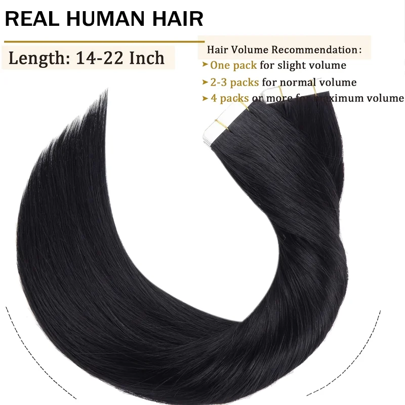 Cinta en extensiones de cabello Cabello humano real # 1 cinta de extensiones de cabello negro azabache en extensiones de cabello de cinta de trama de piel recta sin costuras 50g