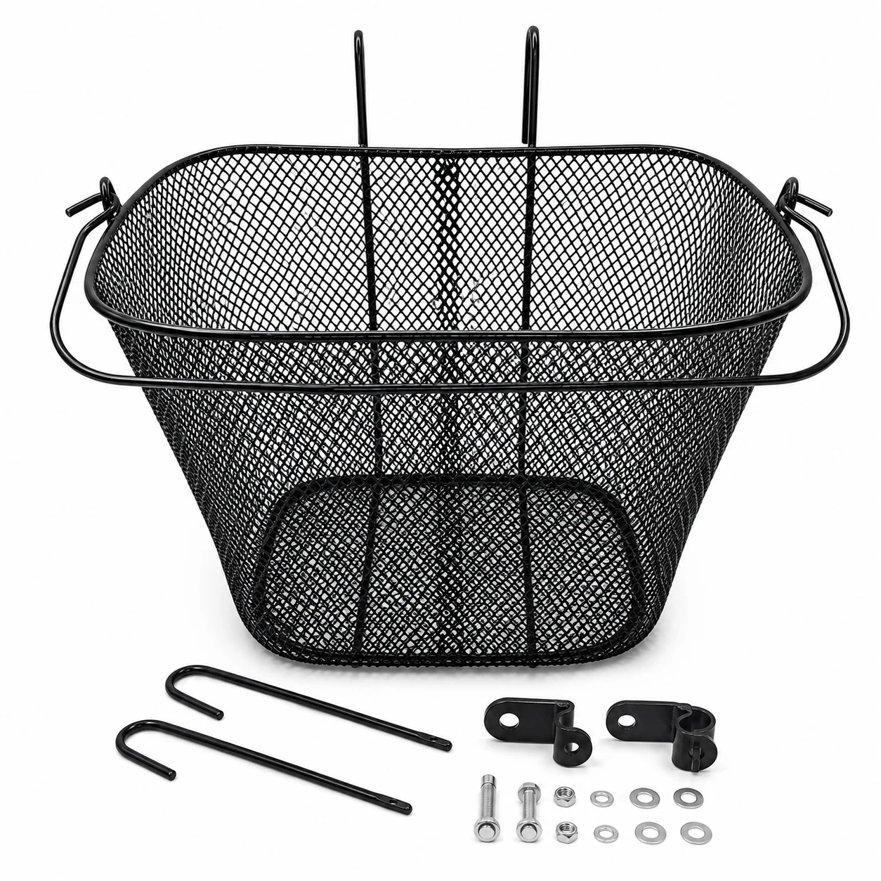Cestino per Bicicletta in Metallo con Kit di Montaggio, Cestino per Bicicletta in Rete d'Acciaio Nero con Supporti, Viti e Accessori