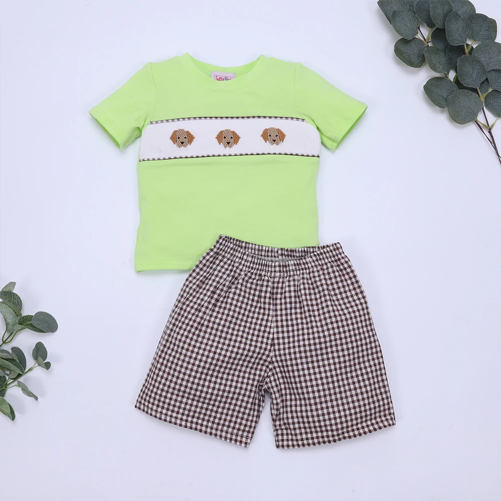 

Summer Smock Baby Boy Clothes Set Three Puppy Embroidery Kids Shorts Suit Kinds of Fashion Green Children Outfits Loungewear