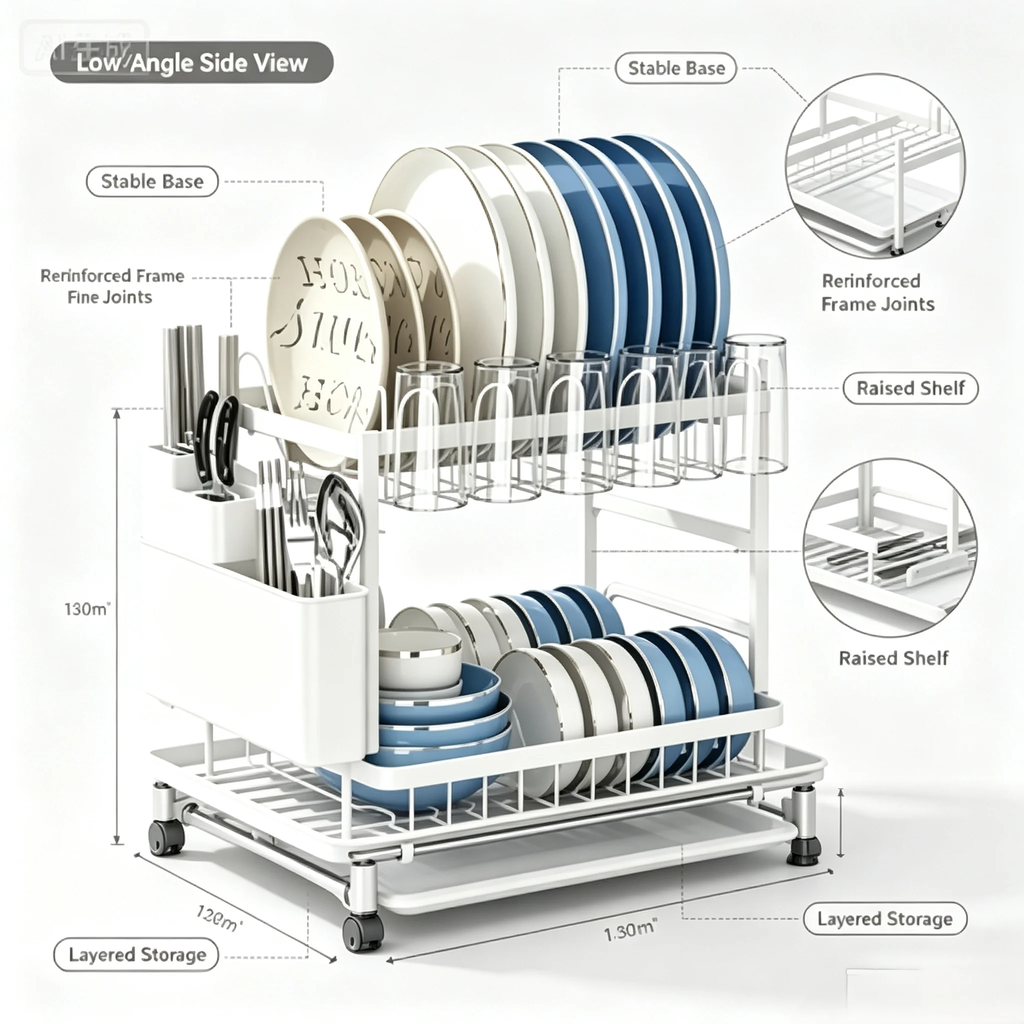 2-Tier White Metal Dish Drying Rack, Kitchen Countertop Dish Organizer with Pull-out Drain Tray, Cutlery Holder, Cup & Cutting Board Holder
