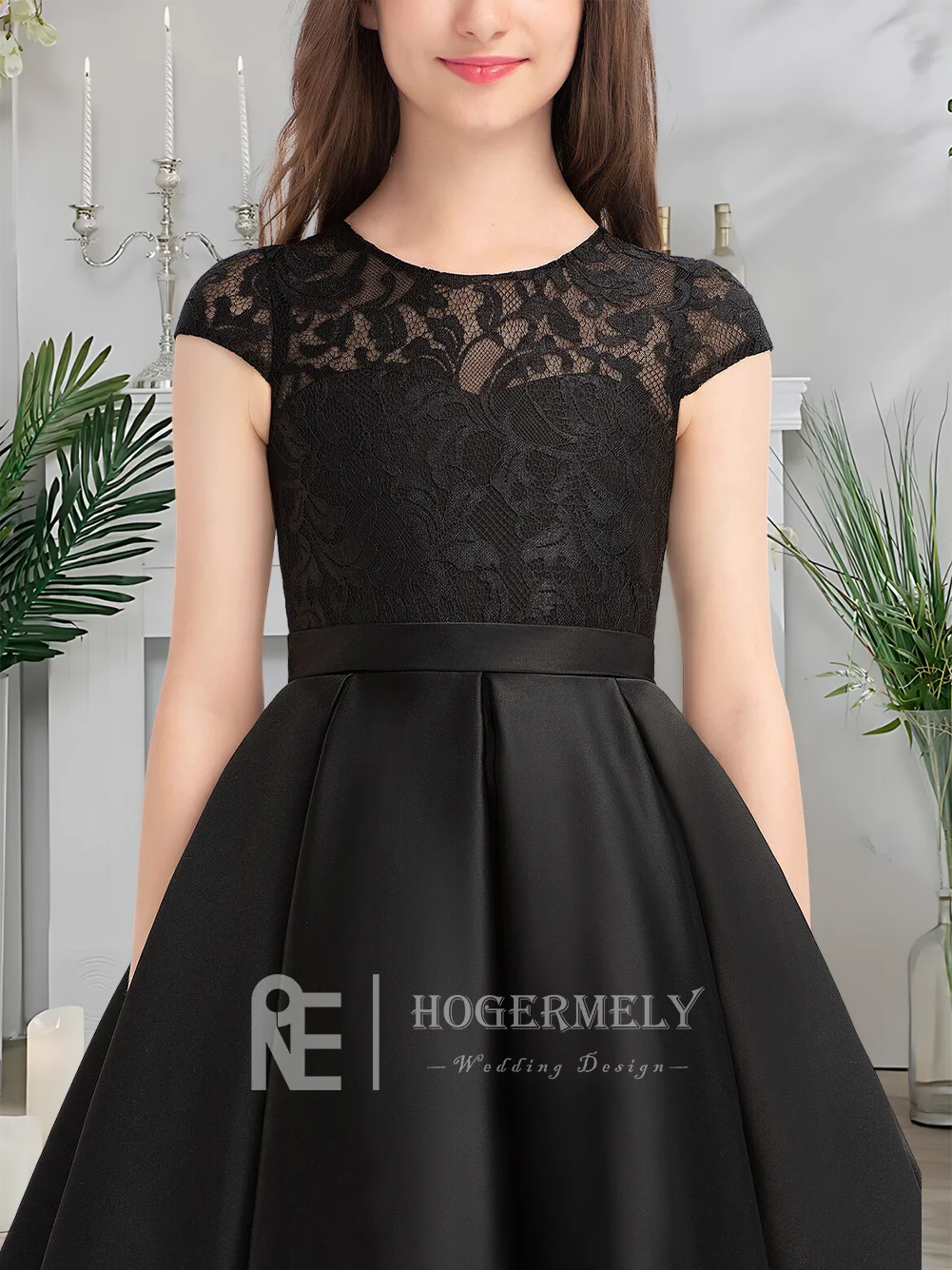 B Lujoso vestido de dama de honor junior de línea A, cuello redondo, vestido de niña de flores, encaje satinado, adecuado para fiesta de boda y ceremonia