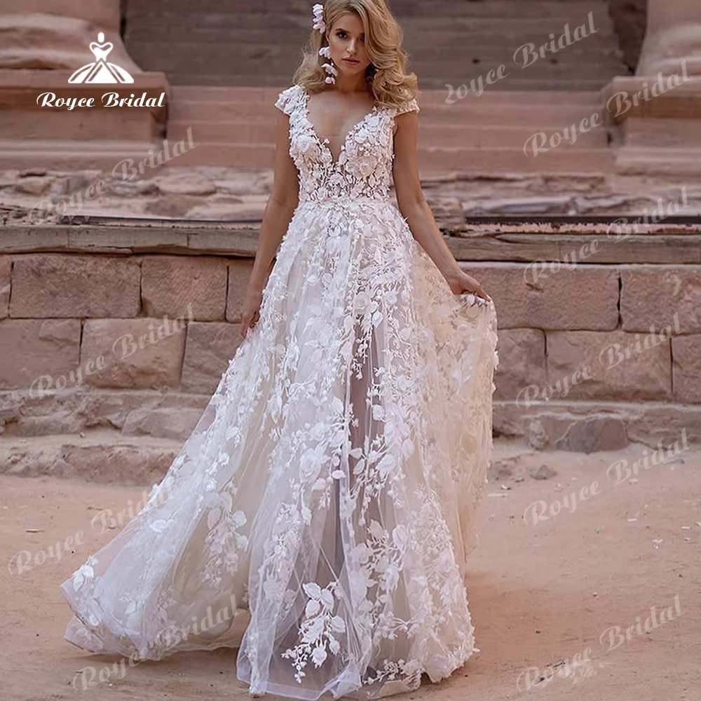 

Roycebridal V-образным вырезом 3D цветочное кружево аппликация женские свадебные платья с скользящим шлейфом трапециевидной формы Abito Sposa цветочные свадебные платья по индивидуальному заказу