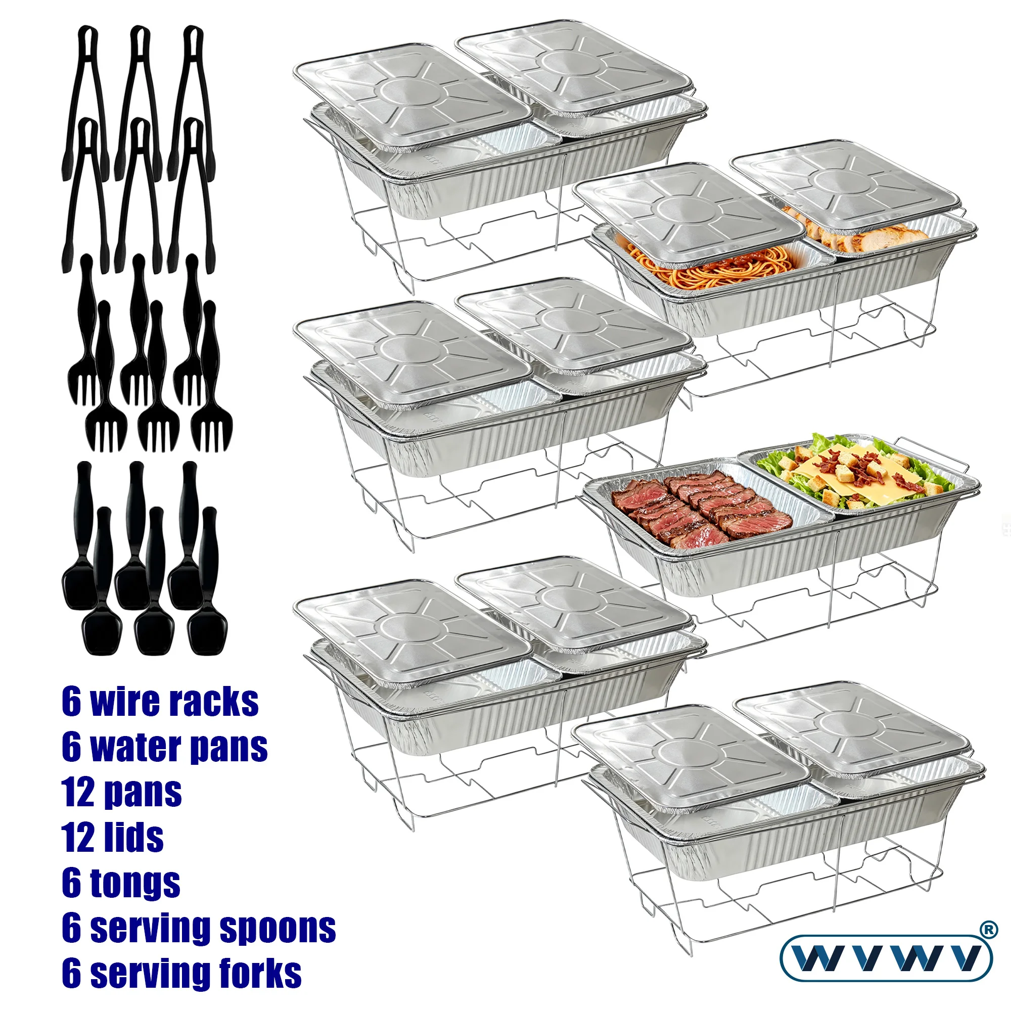 6 sets of full-size buffet heating aluminum foil trays, food warming tray rack set, comes with 6 sets of reusable cutlery, can be used for party buffet food heating, suitable for family gatherings, weddings, and outdoor events, easy to carry