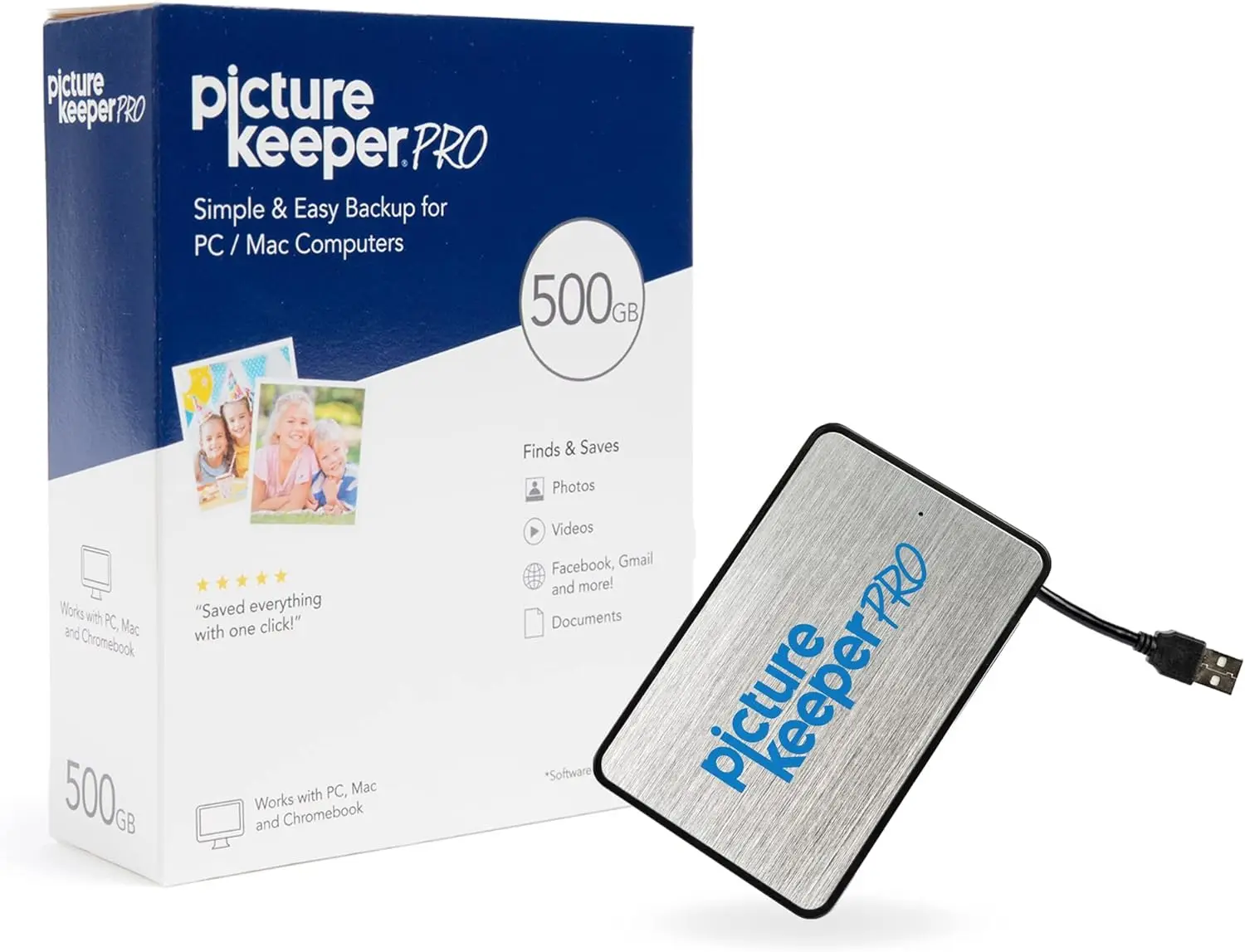 100% Picture Keeper PRO Connect Photo & Video External Hard Drive for Mac and PC Computers, 500GB USB Flash Drive