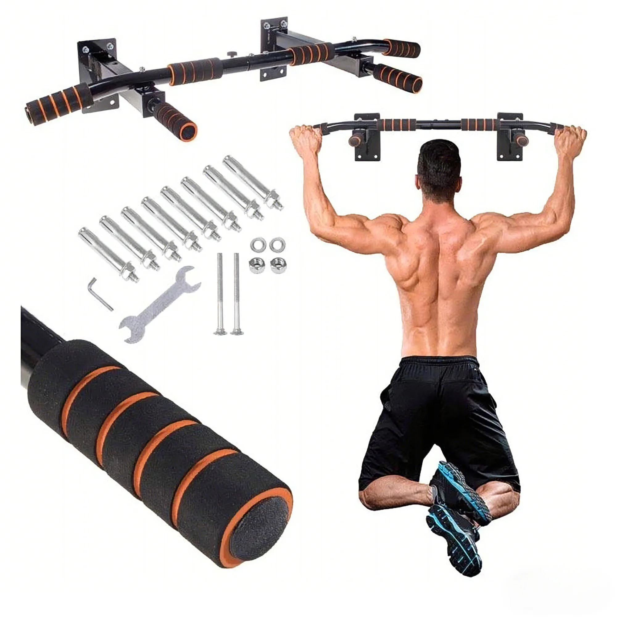 Barre de traction 4 en 1 pour montage mural, poignées antidérapantes, bagues et sacs de perforation avec différentes positions de préhension, sûre et stable