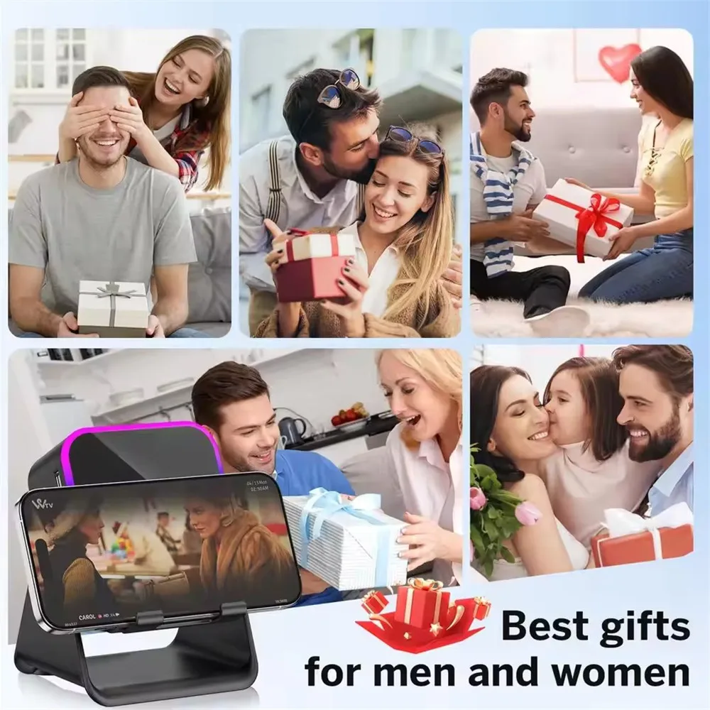 Regulowany stojak na telefon 2 w 1 z głośnikiem Bluetooth, oświetleniem RGB, uchwyt biurkowy do oglądania filmów w biurze, kompatybilny z iPhone, Android i smartfonami. — zdjęcie produktu 6