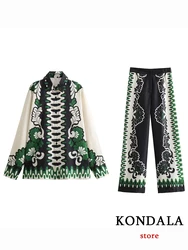 KONDALA Vintage Print Green Fashion 2023 Autumn Suit Single Breasted Pocket Loose Shirt Wide Leg Zipper Pants Women Holiday Set