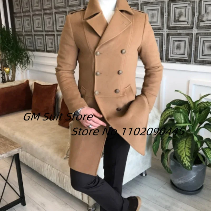 Traje largo de estilo británico para hombre, abrigo ajustado de negocios de doble botonadura con solapa guapo, cálido e informal, Color sólido,