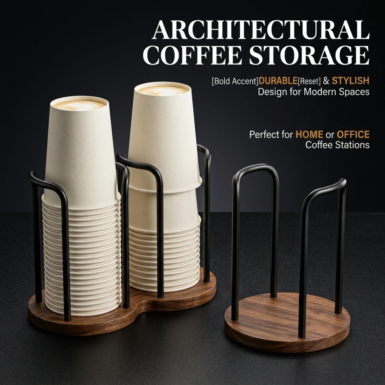 Paper Cup Holder Dispenser Mid-Century Modern Dark Wood & Metal Architectural Coffee Station Organizer Countertop Storage