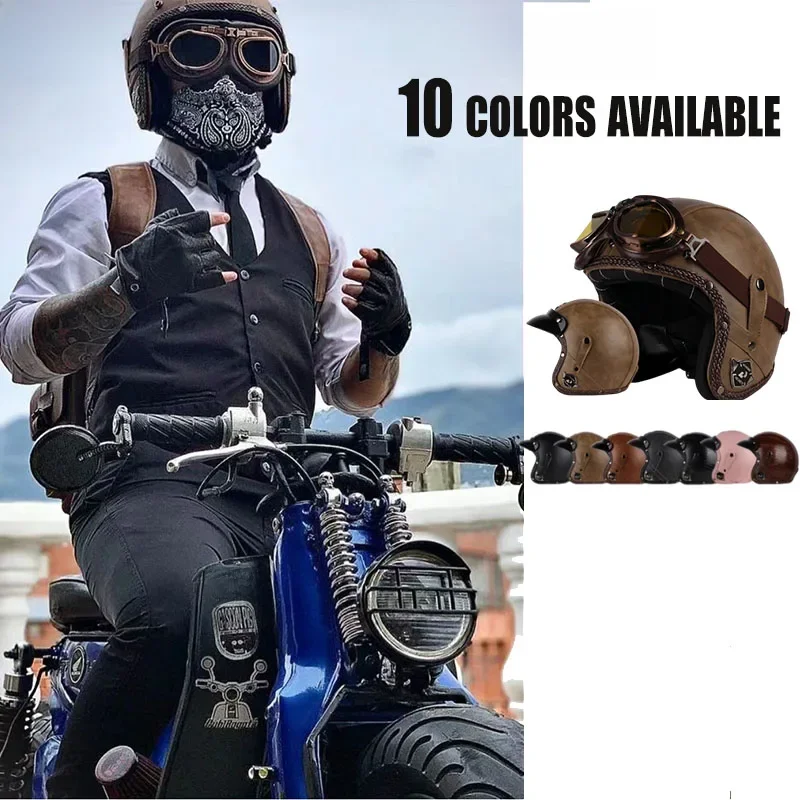 AliExpress UK UCHOOSE Retro Motorcycle Helmet PU Leather Open Face 3/4 Chopper Bicycle Helmets Classic Casco Moto Vintage