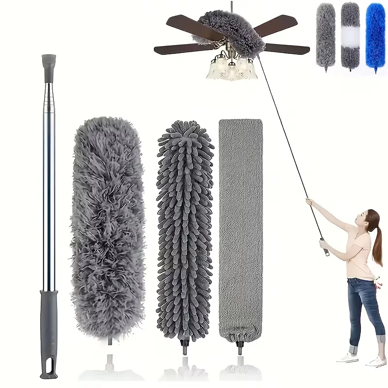 Microfiber Duster with 112.6inch Telescopic Extension Pole Kit for High Ceilings, Cleaning Fan Spider Webs, Reusable and Washabl