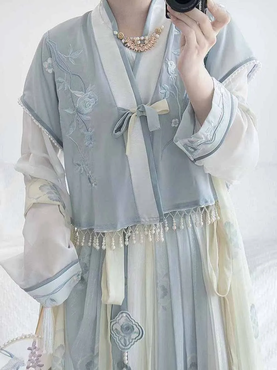 Vestido Hanfu chino para mujer, traje de Cosplay Vintage de otoño antiguo, azul y amarillo, conjuntos de 4 piezas, traje de fiesta