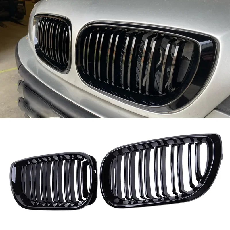 Samochodowy przedni grill nerkowy z czarnym połyskiem Podwójna listwa maski Kratki wyścigowe do BMW serii 3 E46 4-drzwiowy 2002-2005 Auto Zamiennik — zdjęcie 2