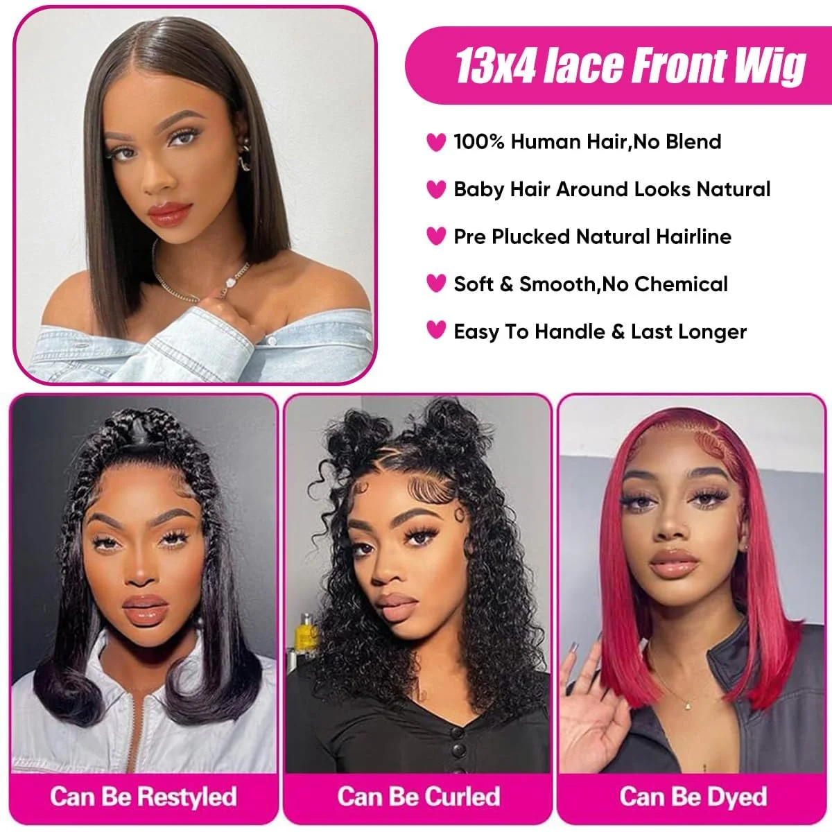 13x4 em linha reta laço frontal bob peruca pré arrancado 100% perucas de cabelo humano brasileiro remy osso em linha reta curto bob peruca para mulher 14 Polegada