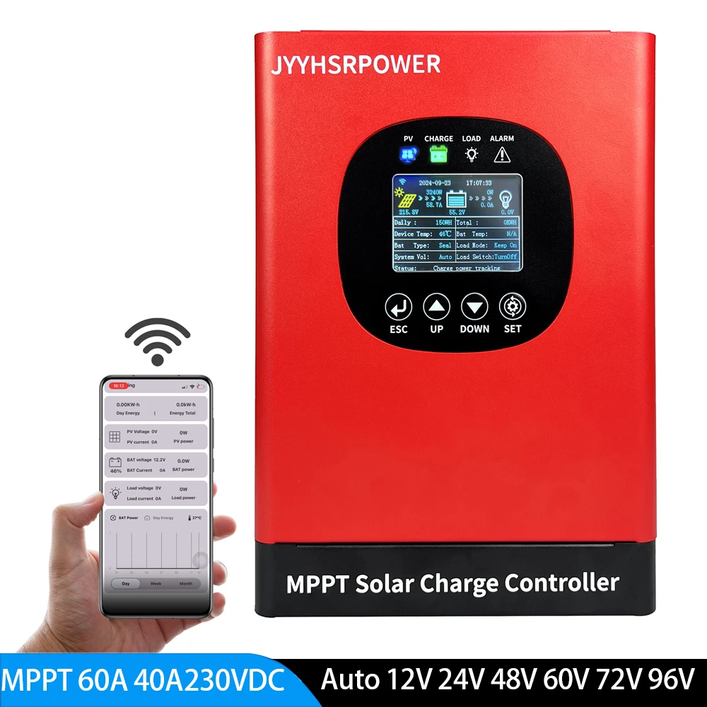 MPPT 230VDC Solar Charge Controller 12V/24V/48V/72V/96V Built-In WIFI Colorful Screen Solar Panel Regulator 60A 50A 40A 30A