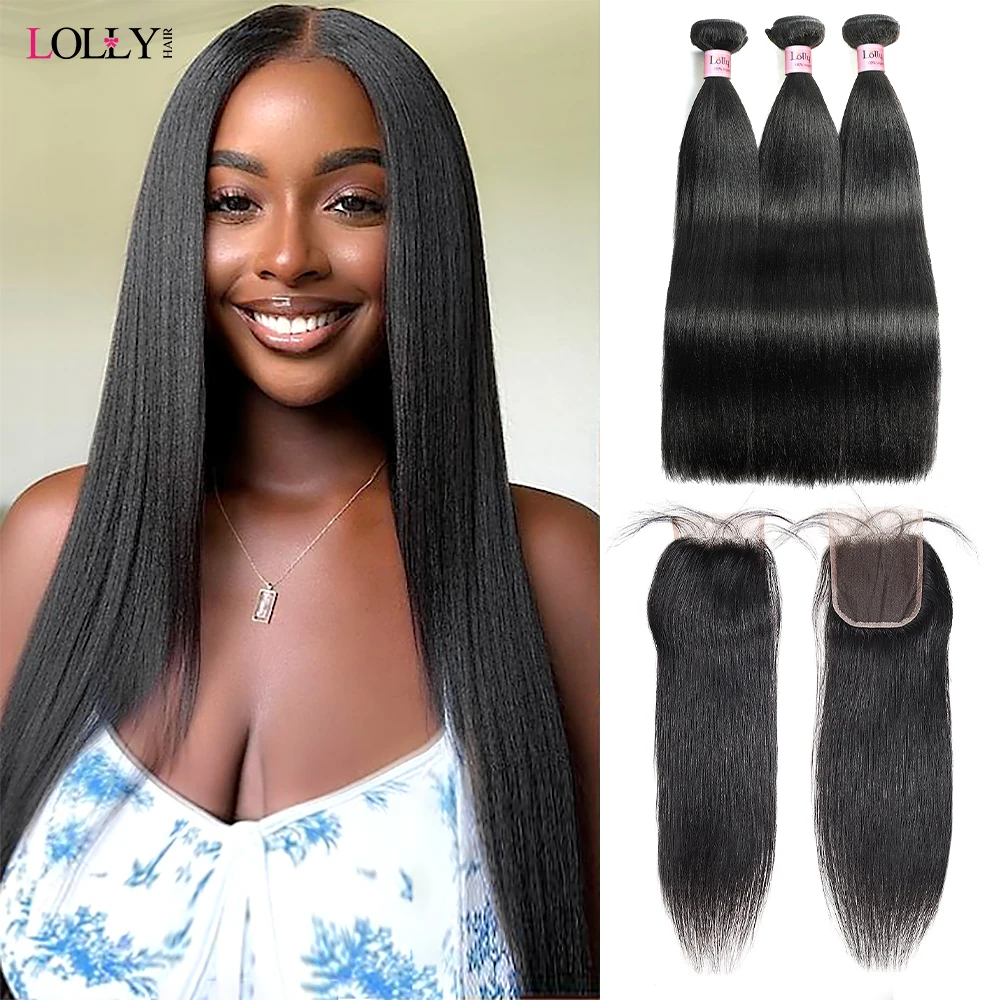 Light  Yaki Straight Human Hair Bundles With 4x4 Lace Closure Natural Color Unprocessed  Virgin Yaki Straight Hair Extensions