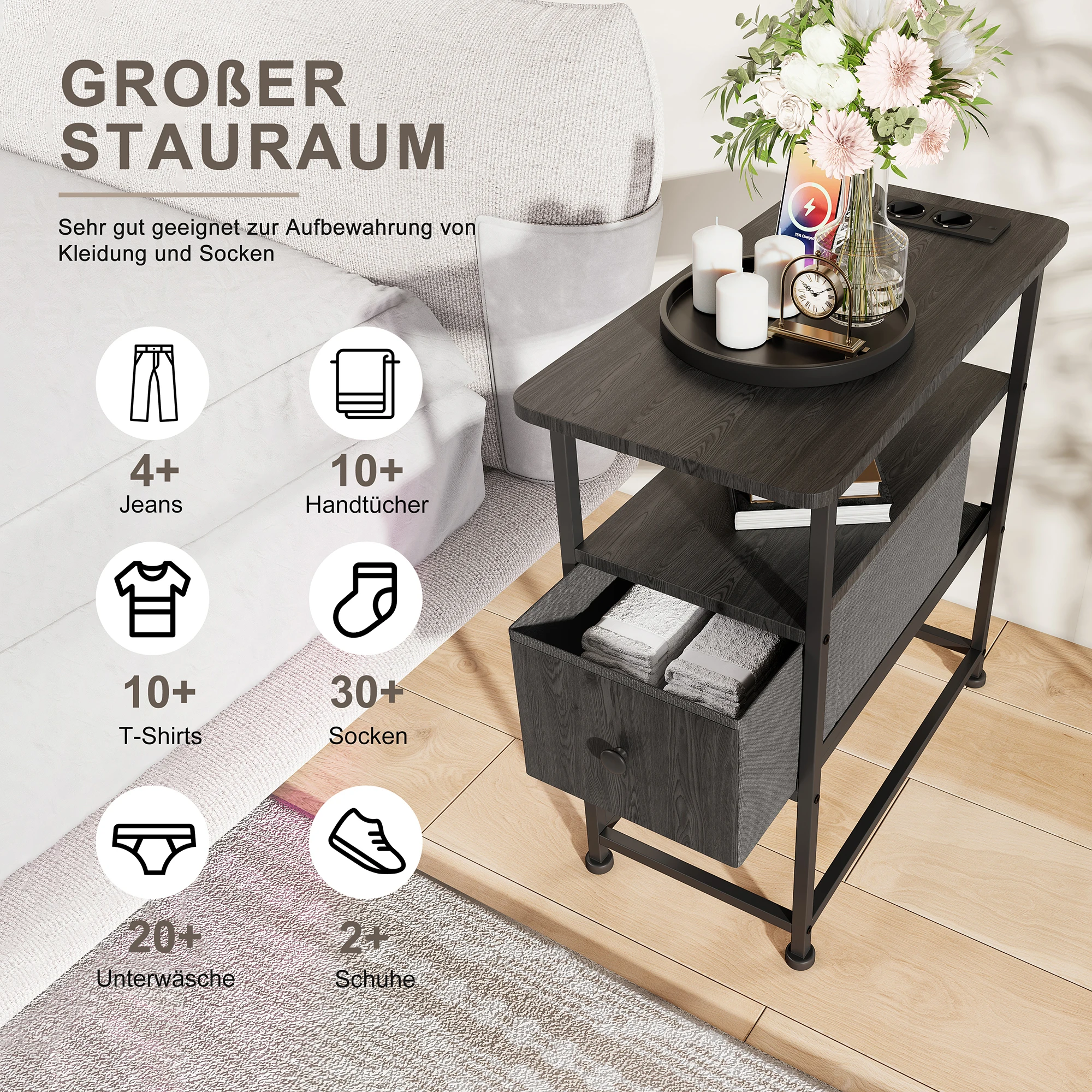 Chevet Aura en bois avec station de recharge, table d'appoint de lit, table de chevet à 2 étages pour chambre à coucher, table d'appoint de rangement