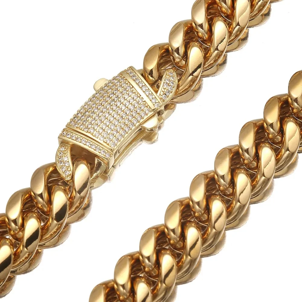

12mm Gold Plated Stainless Steel Hip-Hop Cuban Link Chain for Men – Necklace or Bracelet with Full CZ Buckle (7.5-30 Inch)