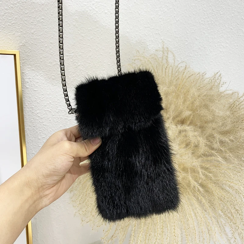 2022 New Mini Fur Mink Hair Coin Purse Crossbady Small Bag Mobile Phone Bag All-matching Women\'s Shoulder Mobile Phone Bag