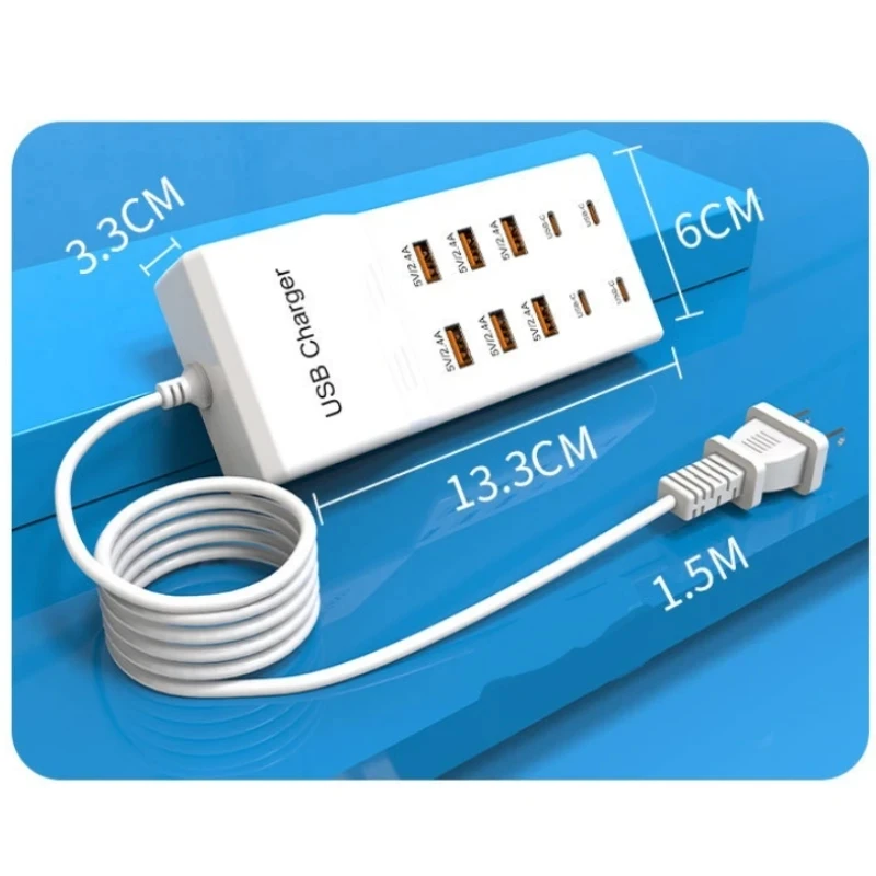 10-Ports 50W/10A USB Charging Station Multi Port USB C Hub Charger for Cellphone Tablet Multiple Devices Extension Socket