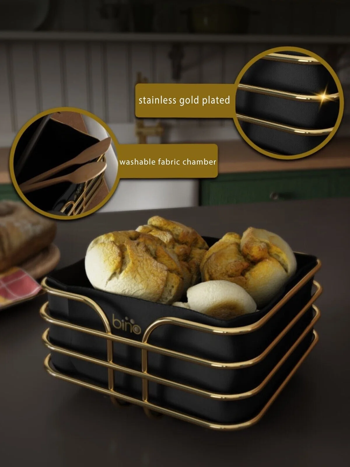 Bread Storage Basket Container Kitchen Storage Container Gold Stainless Basket Black Fabric Multi Purpose Box