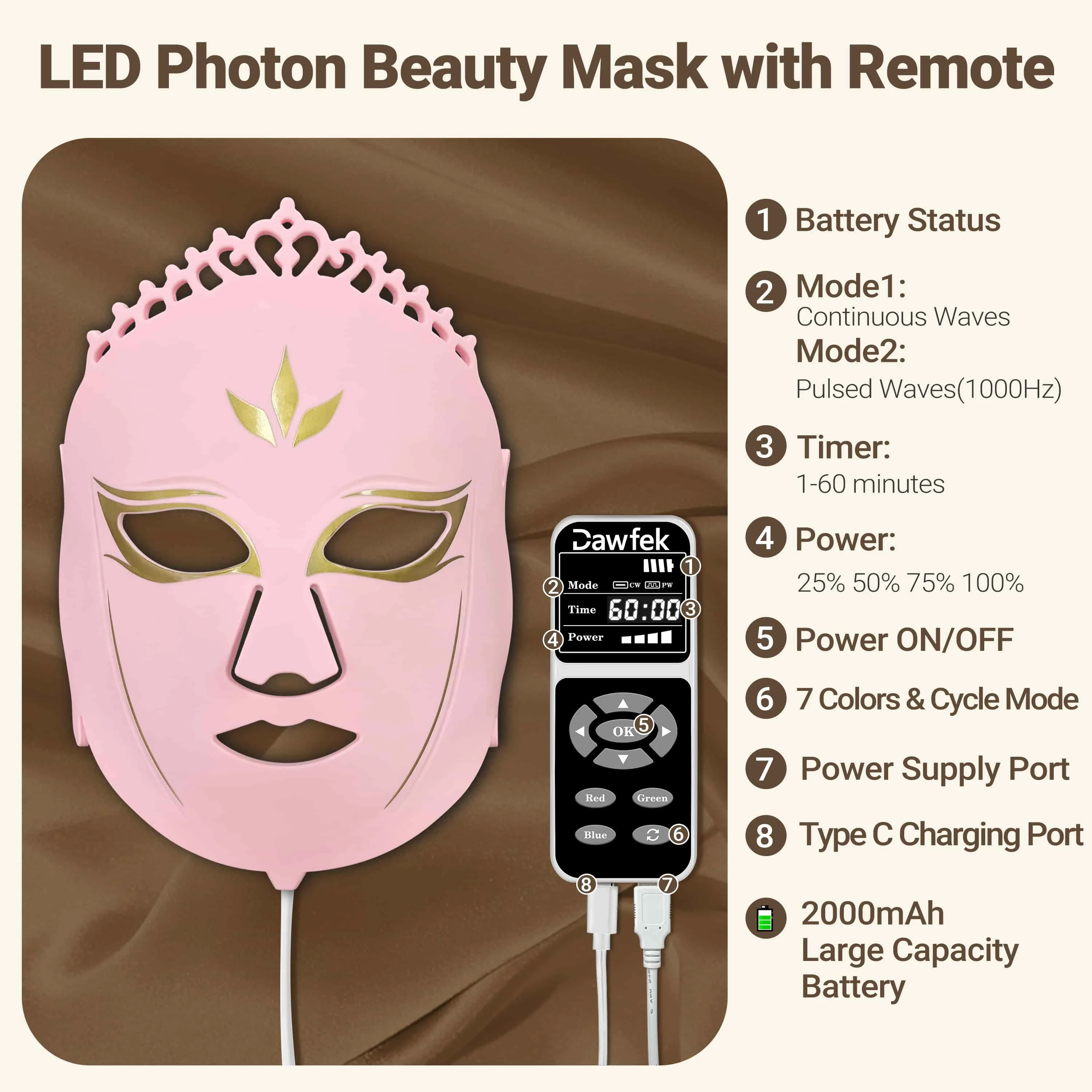 Dawfek Máscara facial de terapia de luz LED de 7 cores, 360PCS LED, máscara facial de beleza de silicone portátil, em casa e viagens