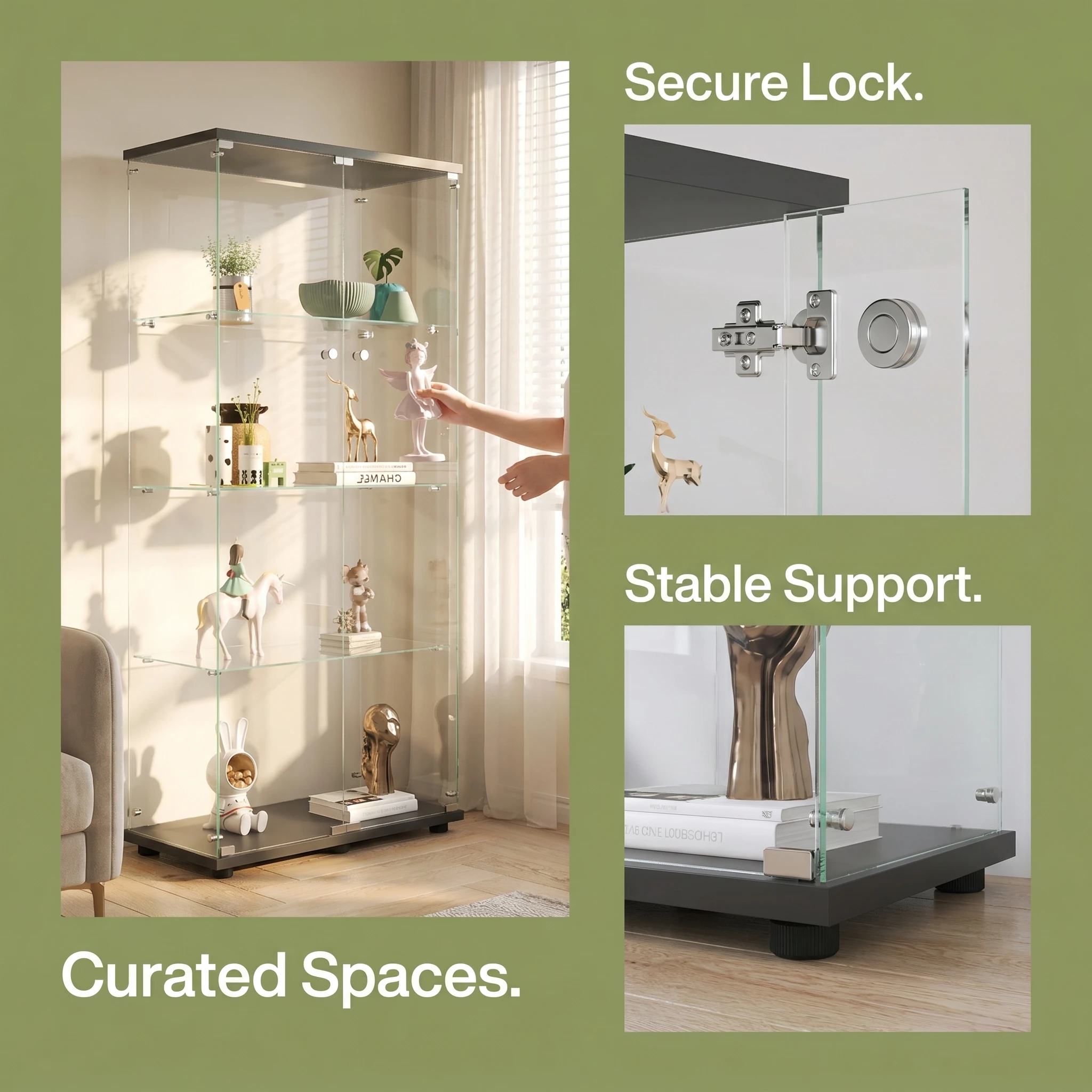 Vitrina de Vidrio Superaly de 4 Estantes con Puerta con Cerradura, Vitrina Alta con Marco Negro, Almacenamiento Transparente para Coleccionables, Figuras y Decoración del Hogar