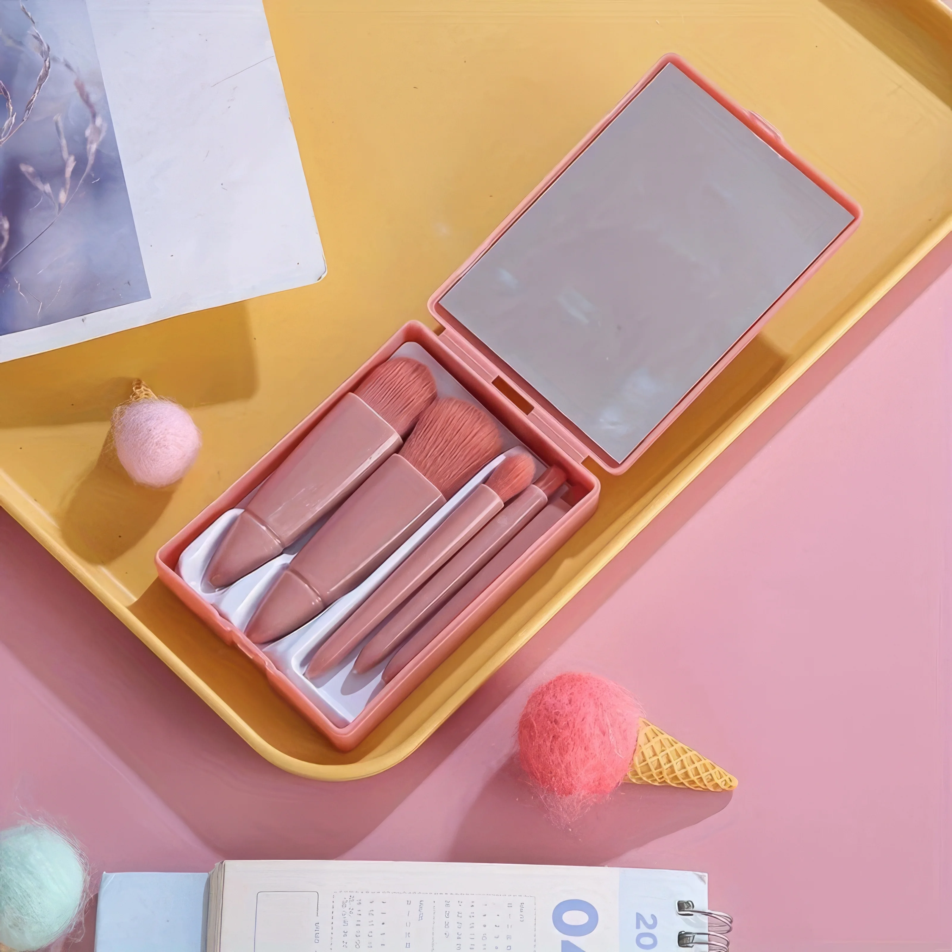 1 jeu de pinceaux de maquillage roses, poignée en poudre haute densité, maquillage uniformément appliqué, adapté aux débutants