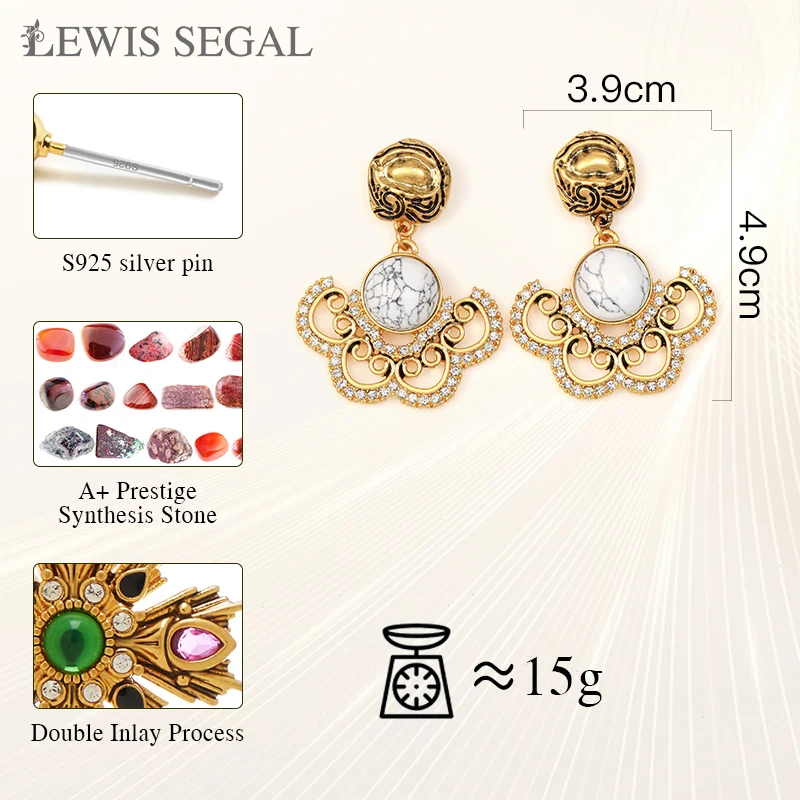 LEWIS SEGAL-pendientes de estilo Medieval de lujo para mujer, joyería fina, Vintage, blanco, turquesa, calado, grande, chapado en oro de 18K