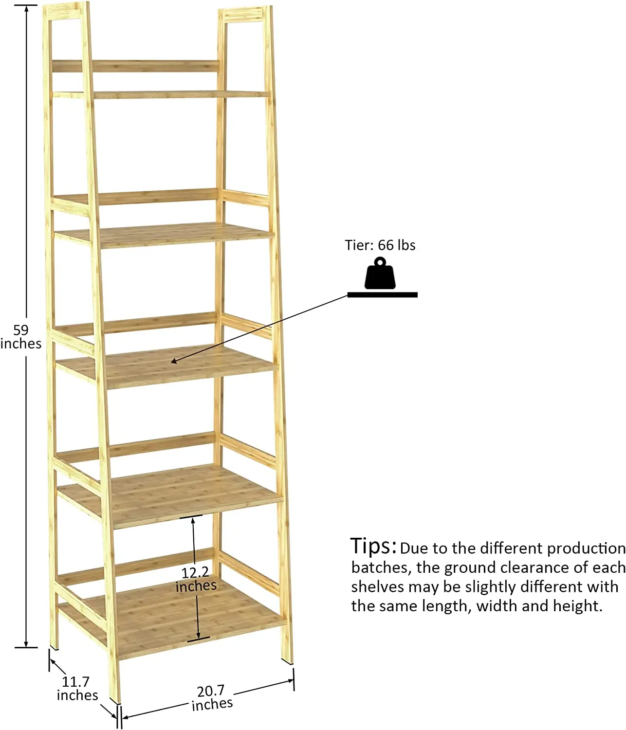 Bookshelf Ladder Shelf 5 Tier Bamboo Bookcase Rustic Open Book Case for Bedroom Living Room Office Natural/Black[US-Stock]