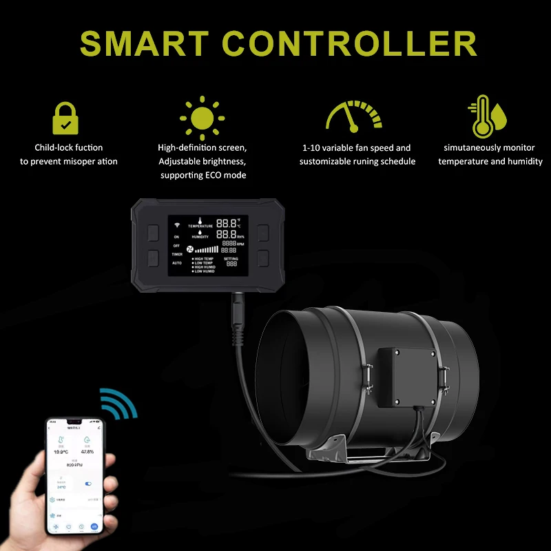 Inline Exhaust Fan 8 Inch EC Motor Smoke Extractor With Speed Controller 553 CFM Strong Airflow 200mm Duct Ventilation Fan