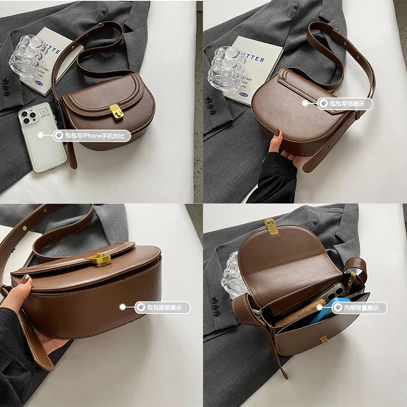 Womens Classy Solid Color Pu Leather Flap Bag Female Vintage Saddle Satchel Flap Crossbody Purse Bag