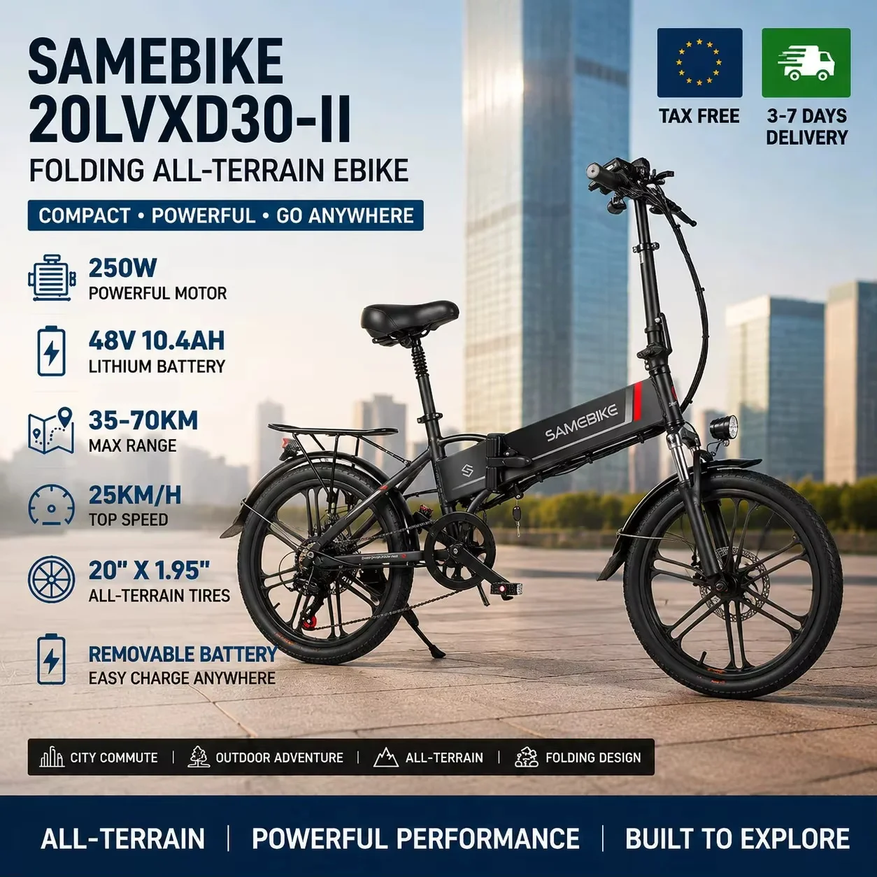 Image of SAMEBIKE 20LVXD30-II Elektrofahrrad E-Bike 250W 48V10.4Ah Faltbares Elektrofahrrad 35-70KM Abnehmbarer Akku City-Pendler-E-Bike