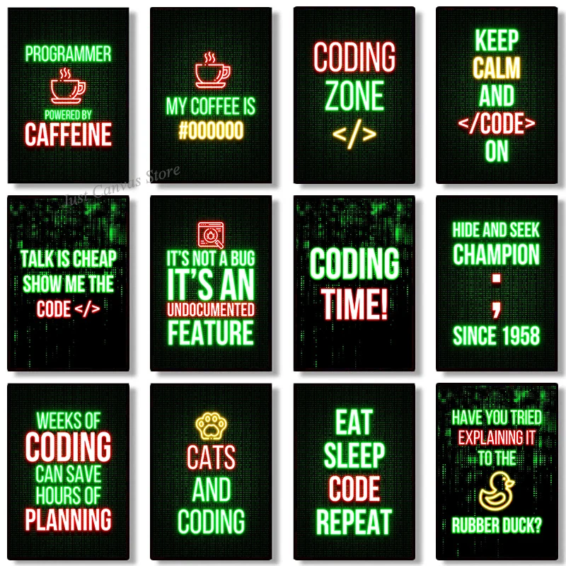 Neon Effect Funny Programmer Quote Hacker Code Poster Print Canvas Painting Coding Zone Wall Art Office Room Home Decor No LED