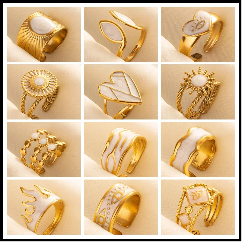 Weißer Emaille Ring Sonne Mond Stern Herz Flügel Edelstahl Ringe für Frauen Männer Schmuck Mode Ins
