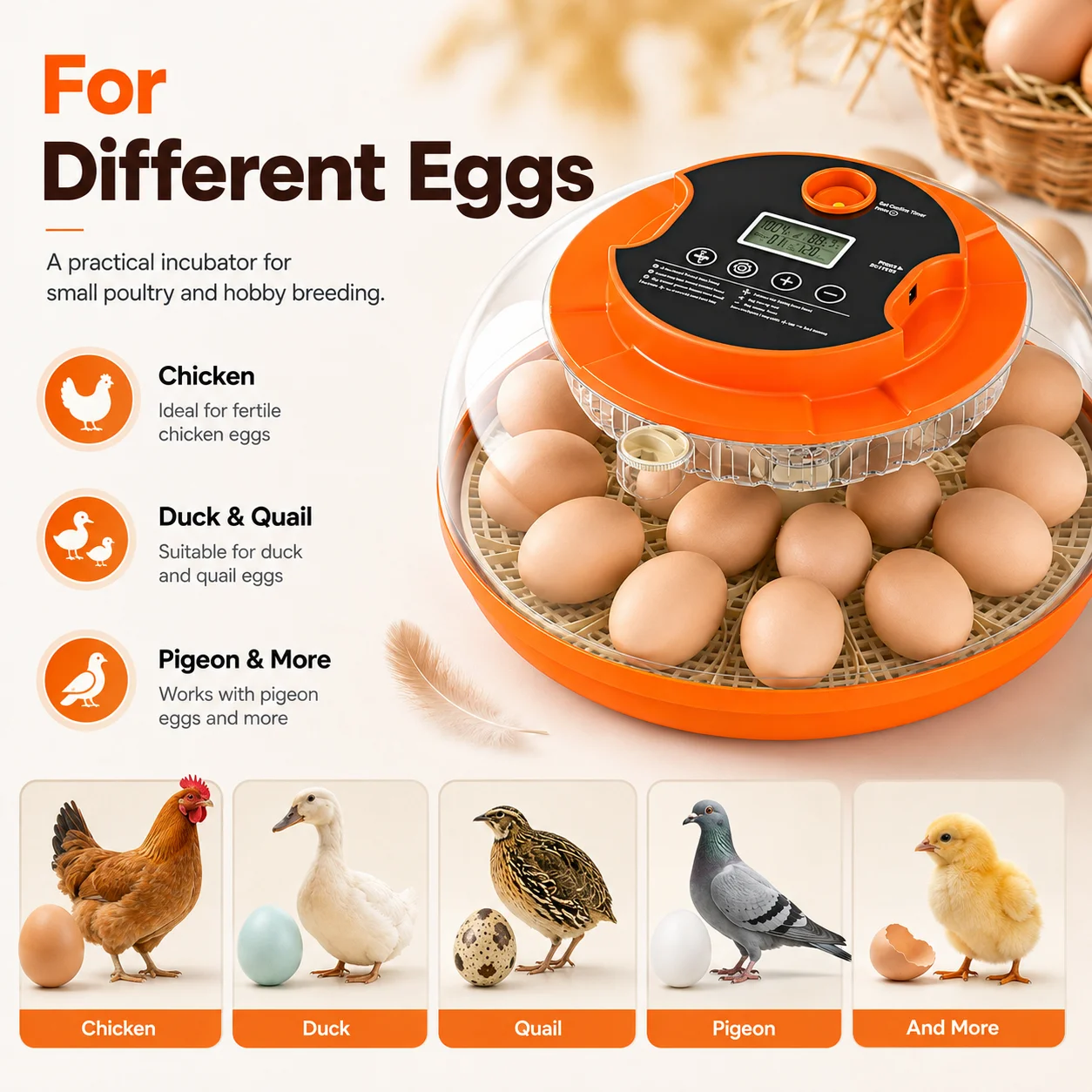 Home Hobbyist Egg Incubator Hatching Machine, Intelligent Temp Humidity Control Auto Rotate Egg Brooder, Small‑Size Poultry Hatcher for Backyard Bird Egg Incubation view 5