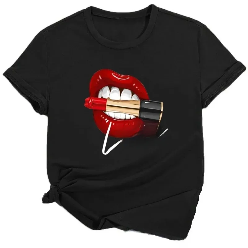 Topy damskie O-neck Sexy Black Tees Kiss Lip Funny Summer Female Soft T Shirt Lips Watercolor Graphic T Shirt Top9180 — zdjęcie 2