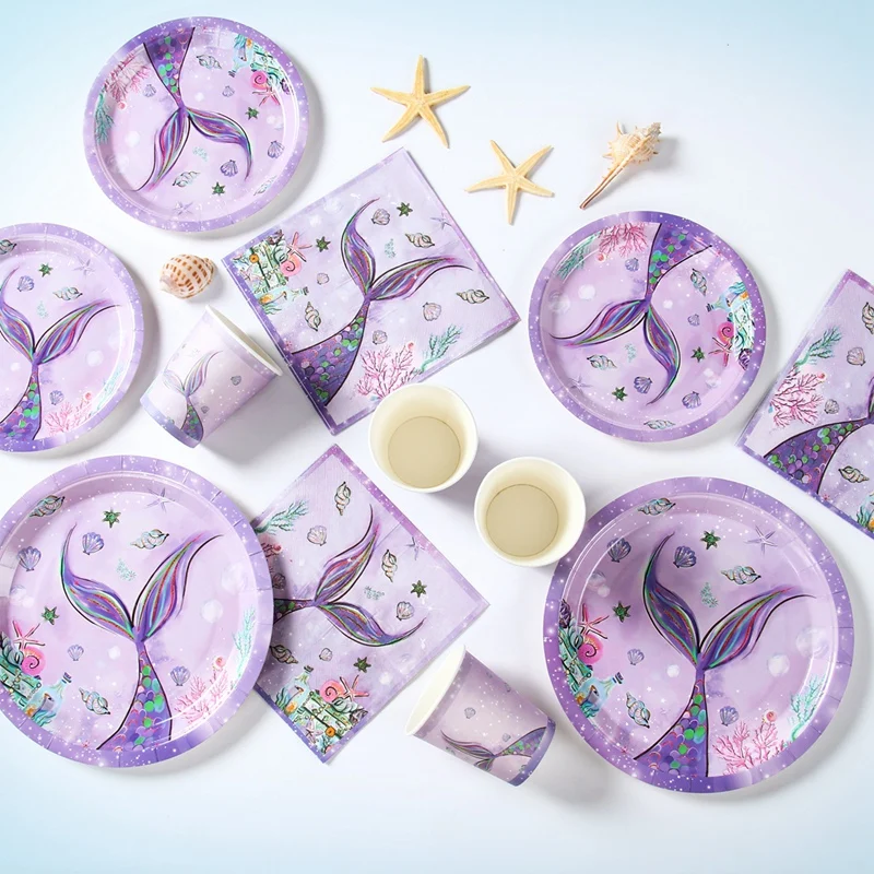 The Little Mermaid Disposable Tableware Birthday Party Decor Kids Mermaid Tail Theme Mermaid Party Birthday Baby Shower Supplies