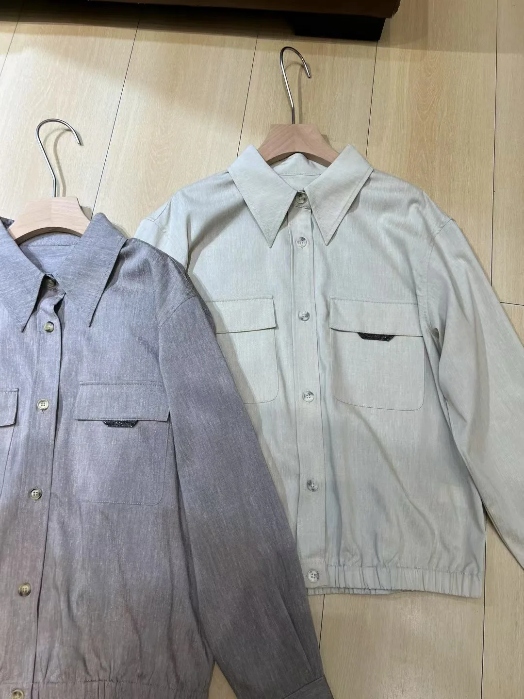 秋のデミシーズンビーズトリミング無地リネンジャケット