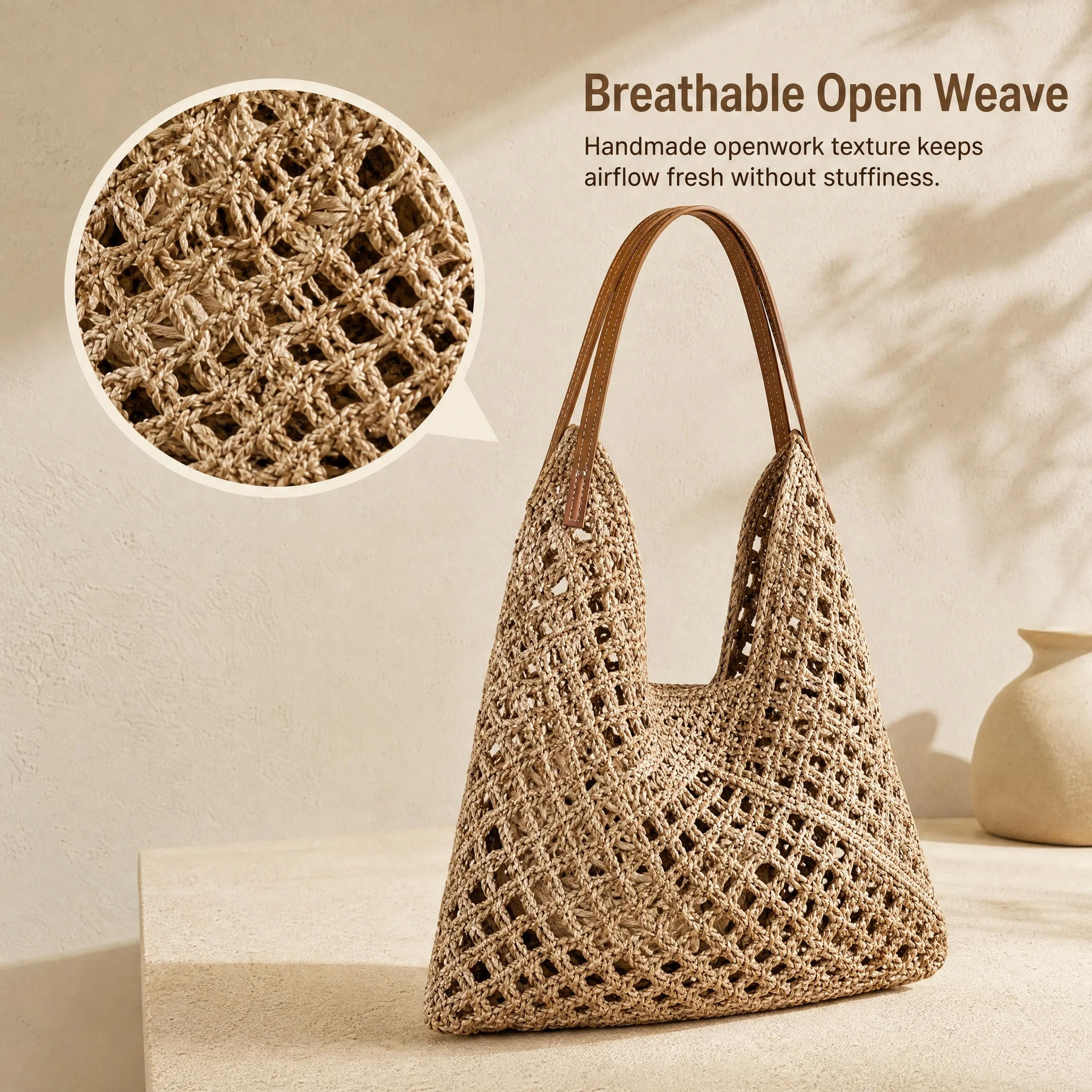 Spring & Summer Fashion Large Capacity Vacation Style Hollow Straw Handbag, Bohemian Woven Shoulder Bag, Casual Retro Romantic Style Tricolor Interwoven Diagonal Geometric Pattern, Rich Visual Layers, Bright And Soft, Suitable For Travel, Beach, Summer Ou