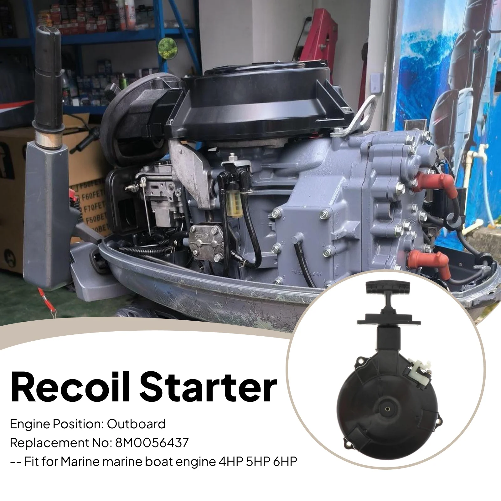 8M0056437 Outboard Engine  Starter Pull Start for Mercury Marine 4/5/6 HP Marine Outboard Engine Pull Start Recoil Starter