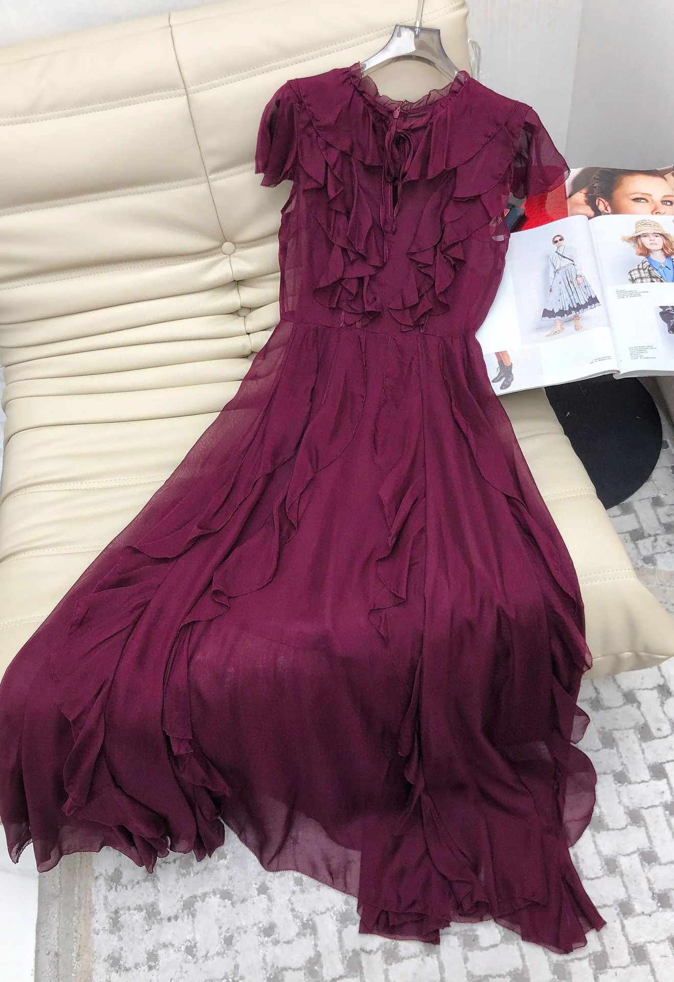 Elegant Retro style ruffled 100% silk burgundy dress