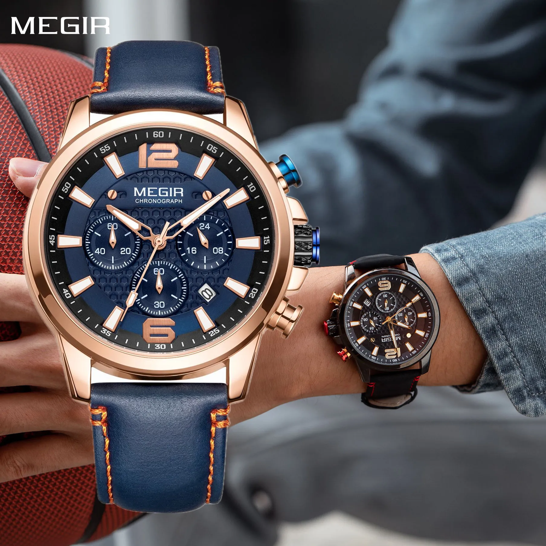 MEGIR Casual Watches Men Luxury Brand Military Sport Watch Leather Wristwatch Luminous Quartz Chronograph Calendar Clock 2156