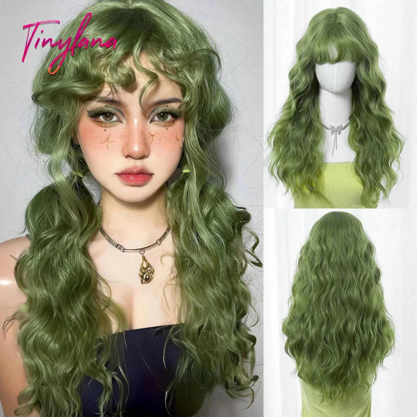 Lange lockige grüne Wellen-Synthetik-Perücken mit Pony für Frauen, Weihnachten, Grasgrün, Cosplay-Perücken, täglich, natürliches Haar, hitzebeständig