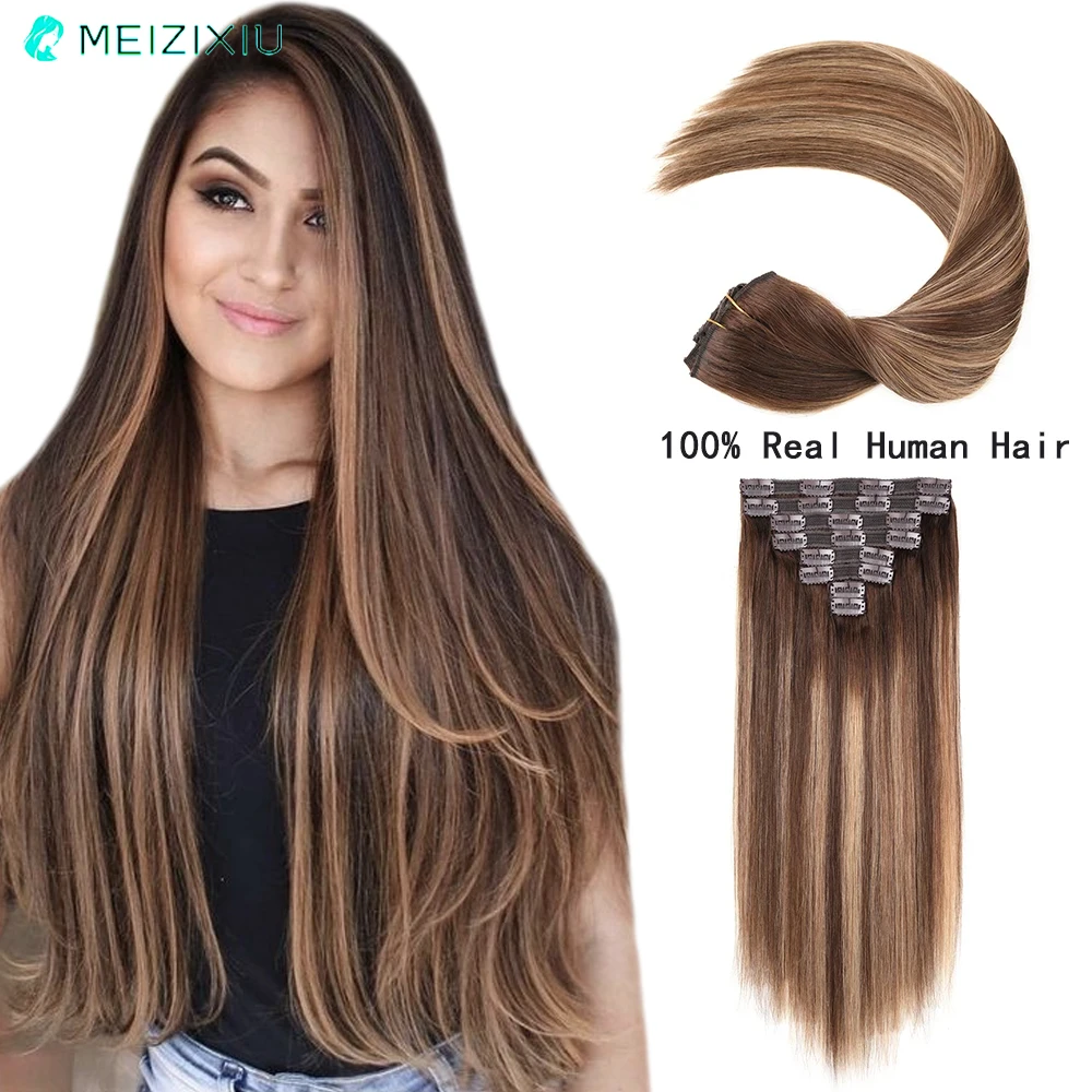 100% Real Hair Clip In Hair Extensions 8Pcs Highlight Black Lace Clip In Human Extensions Hair For Women Clip-on Hair 12-22 Inch