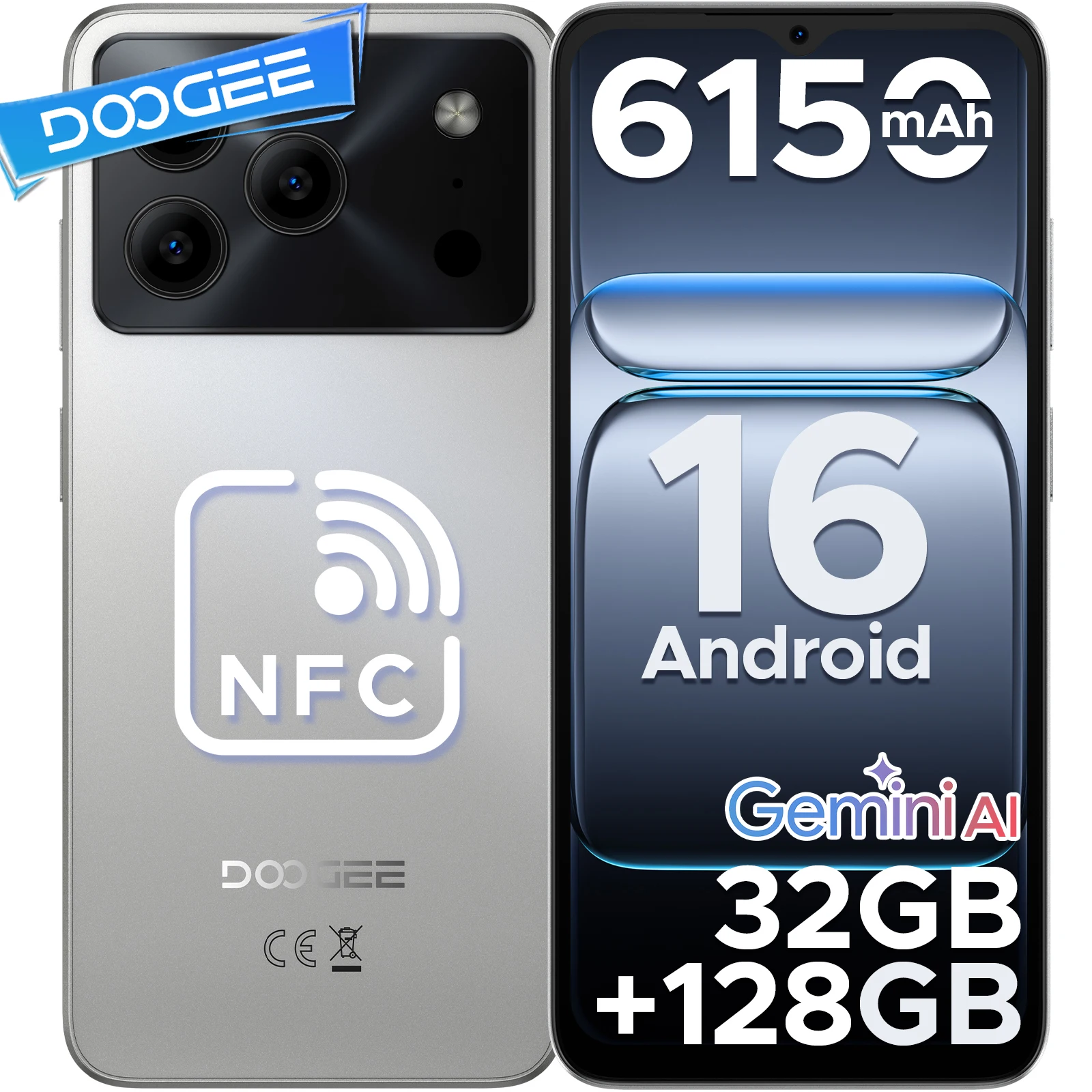 DOOGEE Note56 Pro Teléfono Inteligente, Pantalla HD+ de 6.56'' y 90Hz, Android 16, 32GB (4+28) RAM + 128GB ROM, Batería de 6150mAh, Cámara de 13MP+8MP, UNISOC T7225 Gemini Al, Teléfono Celular con Widevine L1 NF