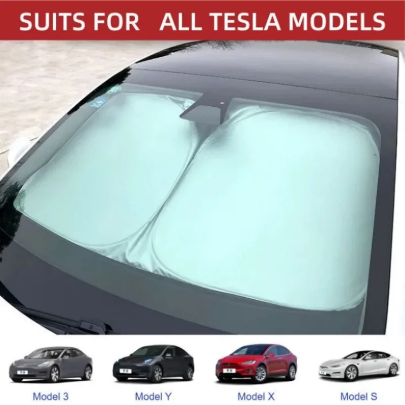 Silver Coated Double Circle Coated For Tesla Model X/Y/3/S Windshie Sunshade Summer Foldable Storage Auto UV Protection Shield