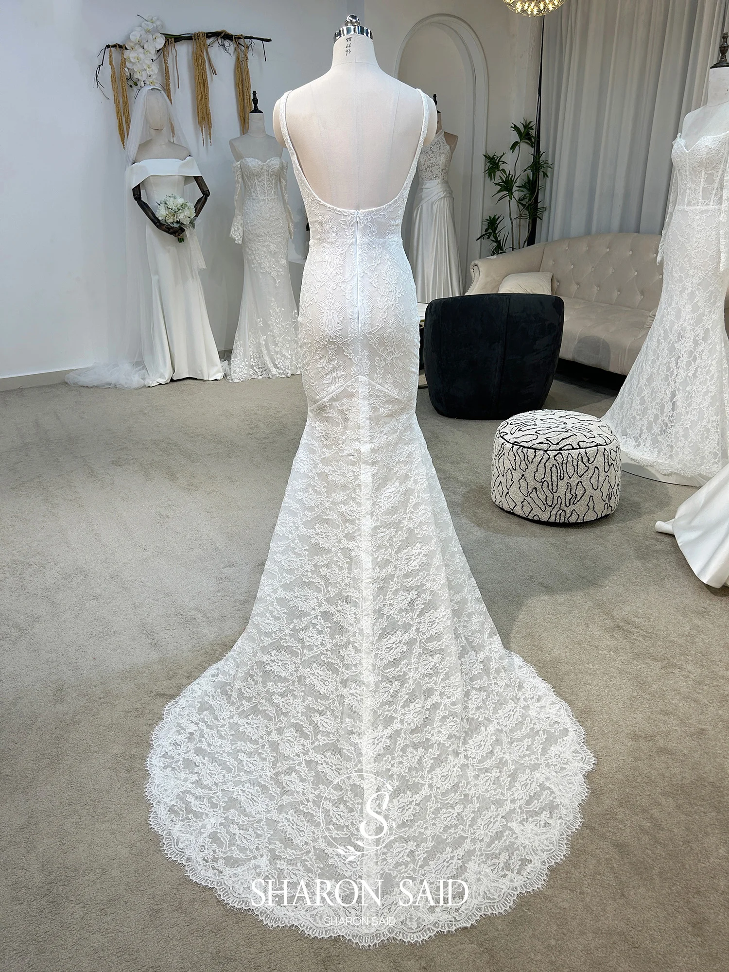 Sharon Said Romantic Mermaid Off White Lace Wedding Dress 2025 Elegant Square Collar Corset Princess Bride Gown AM018 Customized
